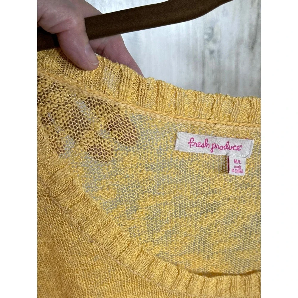 Fresh Produce Yellow Open Knit Sweater Size‎ Medium Large 3/4 Sleeve Scoop Neck